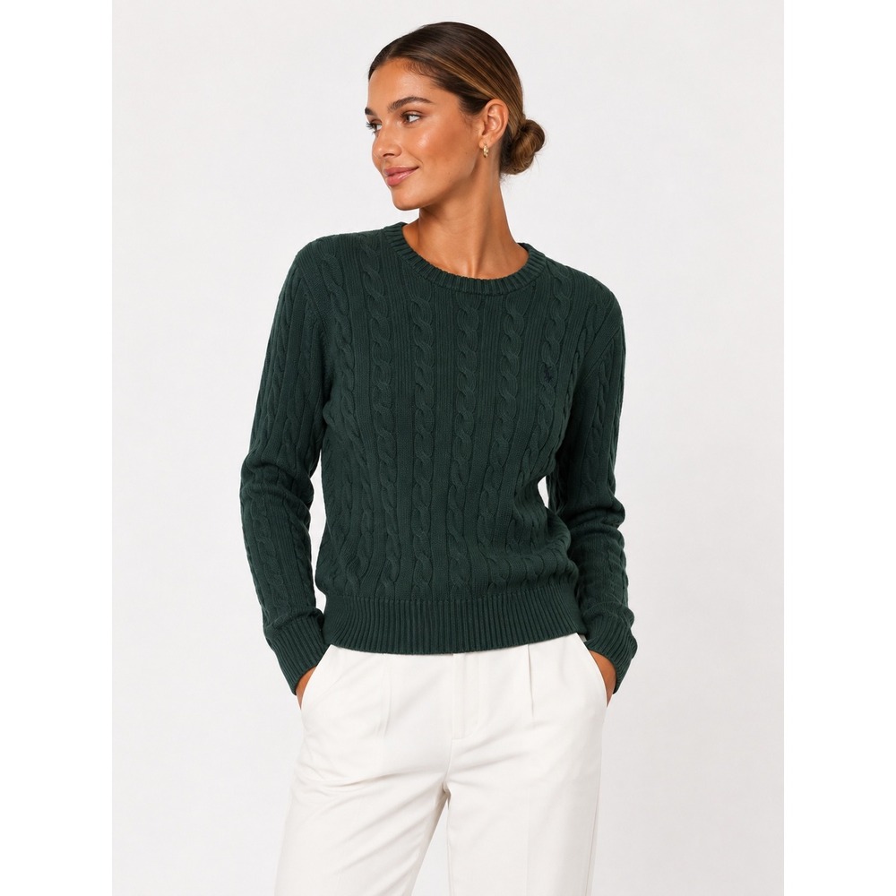 Polo Ralph Lauren Dark Green 100% Cotton Cable Knit Crew Neck Sweater XL